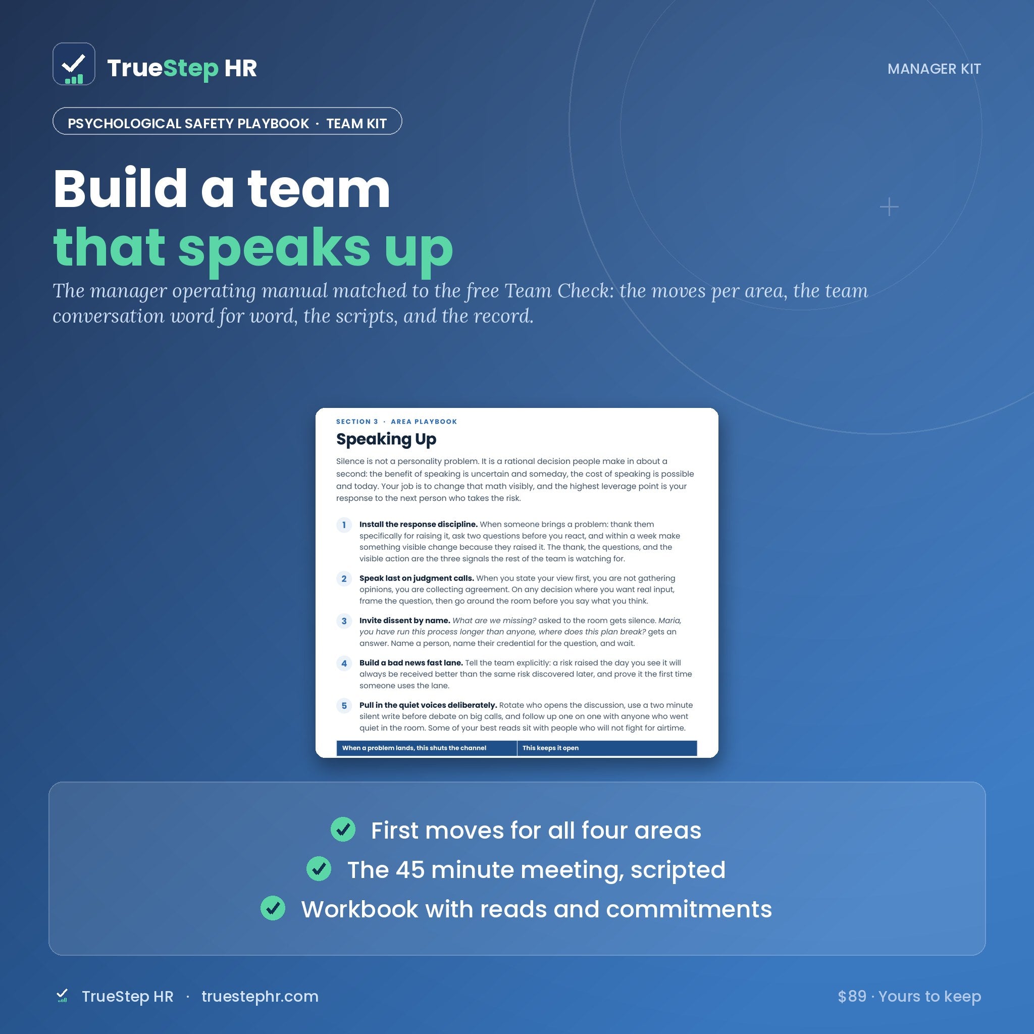 Psychological Safety Playbook: the manager kit hero showing the Speaking Up chapter