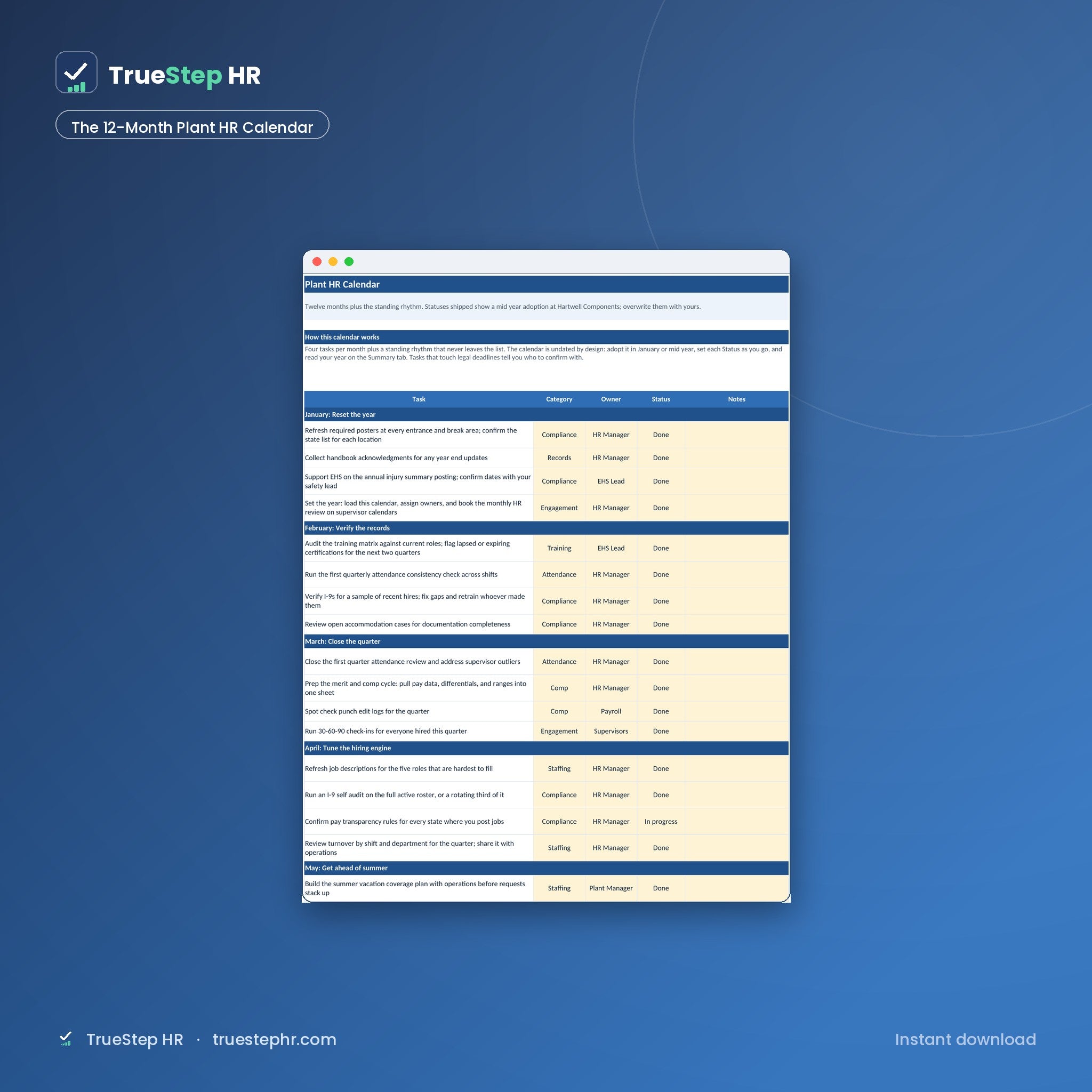 Plant HR Manager Complete System 12-month plant HR calendar