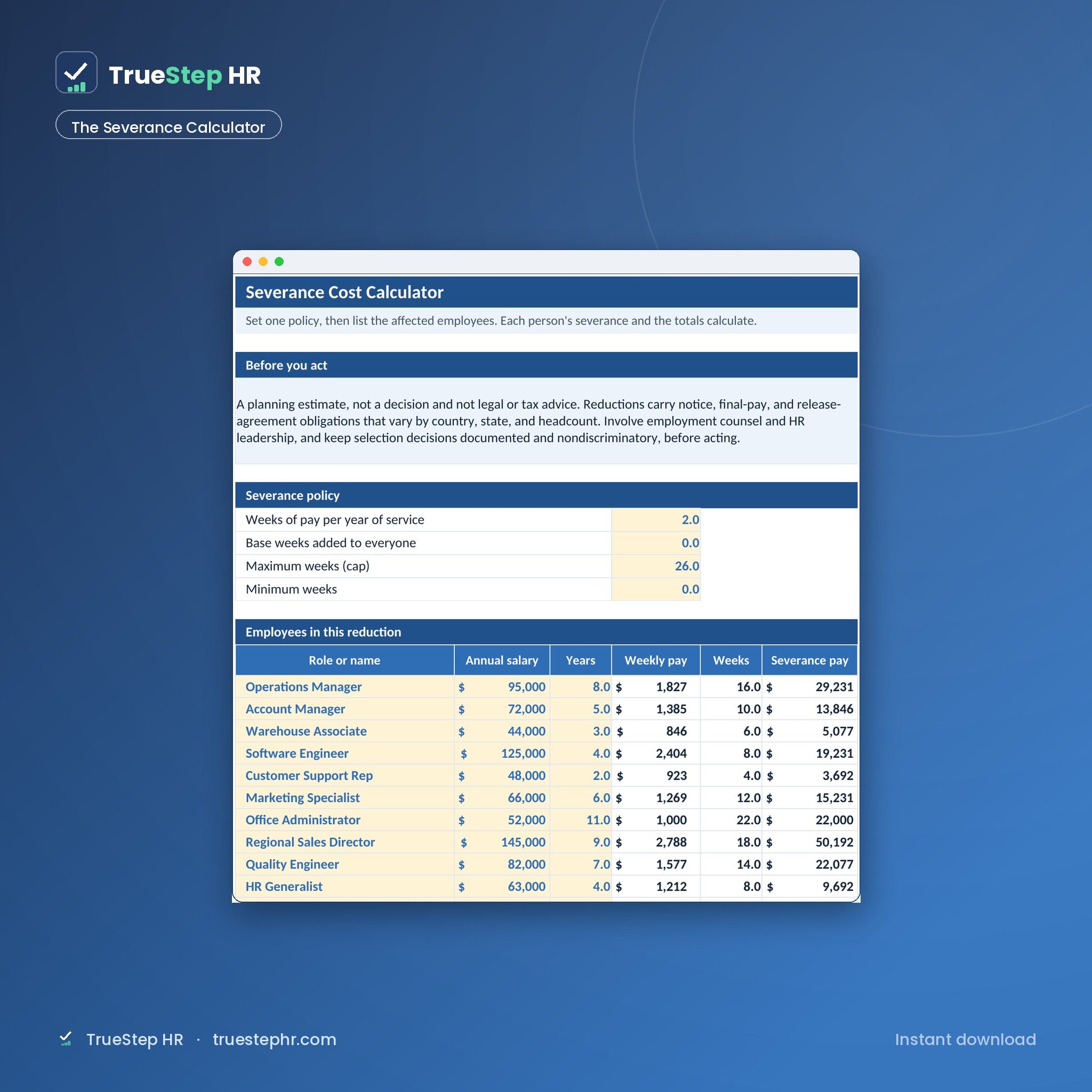 RIF and Restructuring Savings Planner, the severance calculator