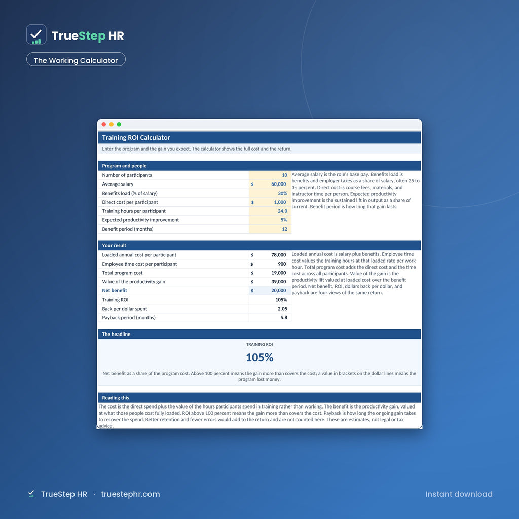 Training ROI Calculator, the working calculator
